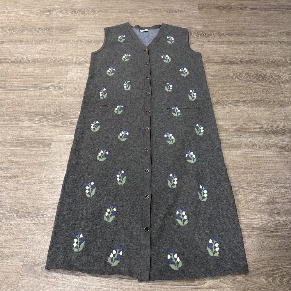 KUOSE Floral Knit Dress Size Large Grey Cottagecore Grannycore NWOT